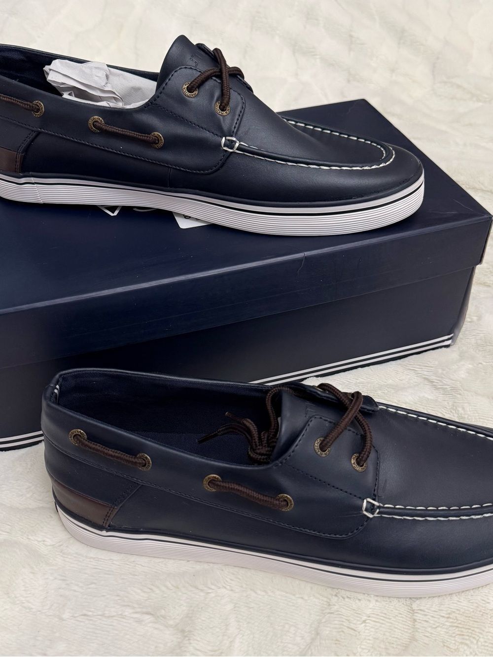 Nautica Navy Leather Boat Shoes with Brown Laces